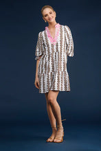 Load image into Gallery viewer, Step into timeless style with The Tory Dress in Coconut Vine by Smith & Quinn. This easy tiered tunic neck shift dress features 3/4 puff sleeves, adding a touch of sophistication to your wardrobe. Made from S&Q's Signature Stretch fabric, this dress is wrinkle-resistant and machine washable, ensuring both comfort and practicality. Perfect for any occasion, this dress is a must-have addition to your collection. Pair it with your favorite accessories for a chic and effortless look.