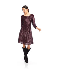 Load image into Gallery viewer, Twyla Three Quarter Sleeve Sequin Scoop Neck Fit & Flare Dress in Eggplant - Karen Kane 3L37511