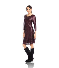 Load image into Gallery viewer, Twyla Three Quarter Sleeve Sequin Scoop Neck Fit & Flare Dress in Eggplant - Karen Kane 3L37511