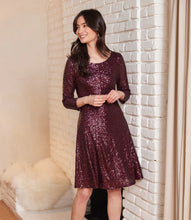 Load image into Gallery viewer, Twyla Three Quarter Sleeve Sequin Scoop Neck Fit & Flare Dress in Eggplant - Karen Kane 3L37511