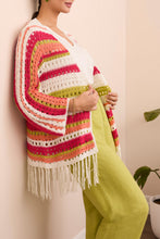 Load image into Gallery viewer, Tae Three Quarter Sleeve Open Front Crochet Sweater w/ Fringe in Key Lime - Tribal 5885O-5016-3238