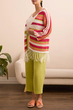 Load image into Gallery viewer, Tae Three Quarter Sleeve Open Front Crochet Sweater w/ Fringe in Key Lime - Tribal 5885O-5016-3238
