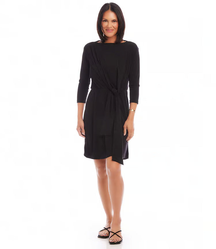 Tiara Three Quarter Sleeve Tie Waist Travel Dress in Black- Karen Kane Aurora Lynn Boutique Tiara Three Quarter Sleeve Tie Waist Travel Dress in Black- Karen Kane Aurora Lynn Boutique