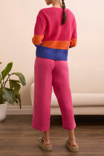 Load image into Gallery viewer, The Tribal Teya Three-Quarter Sleeve Crochet Sweater in Very Berry is the perfect blend of cozy comfort and effortless style. With its delicate crochet detailing and vibrant berry hue and pops of eye-catching color, this sweater is designed to make a statement while keeping you feeling fabulous. Pair it with jeans or shorts for a casual day out or layer it over a dress for a sophisticated touch.