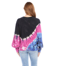 Load image into Gallery viewer, Not your ordinary sweatshirt, this dynamic tie-dye sweatshirt will transform a casual look. The Tina is crafted using soft fleece and decorated with a captivating navy, berry, and bluish-purple tie dye pattern. Its puff sleeves add a Bohemian flair. Color- Dark navy, berry and bluish-purple. Puff sleeve. Crew neck. Unique dye treatment used, color & design may vary. Pullover.