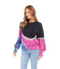 Load image into Gallery viewer, Not your ordinary sweatshirt, this dynamic tie-dye sweatshirt will transform a casual look. The Tina is crafted using soft fleece and decorated with a captivating navy, berry, and bluish-purple tie dye pattern. Its puff sleeves add a Bohemian flair. Color- Dark navy, berry and bluish-purple. Puff sleeve. Crew neck. Unique dye treatment used, color & design may vary. Pullover.