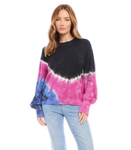 Load image into Gallery viewer, Not your ordinary sweatshirt, this dynamic tie-dye sweatshirt will transform a casual look. The Tina is crafted using soft fleece and decorated with a captivating navy, berry, and bluish-purple tie dye pattern. Its puff sleeves add a Bohemian flair. Color- Dark navy, berry and bluish-purple. Puff sleeve. Crew neck. Unique dye treatment used, color & design may vary. Pullover.