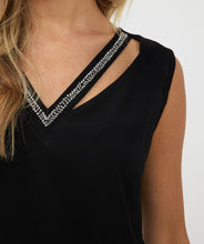 Load image into Gallery viewer, The Thyra Top by EsQualo offers a stylish look with its flattering V-neck silhouette and delicate beading embellishments. Created with high-quality materials, this top is perfect for both casual and formal occasions, adding a touch of elegance to any outfit. Wear it with denim or layer it under a jacket or blazer to complete the look.