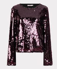 Load image into Gallery viewer, Sequined top with long sleeves on a light gray background.