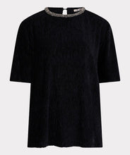 Load image into Gallery viewer, Black velvet top with embellished neckline against a light gray background.