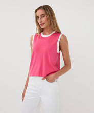 Load image into Gallery viewer, Woman wearing a pink sleeveless top with off-white trim and white pants on a plain background.
