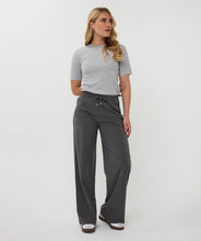 Load image into Gallery viewer, Woman wearing short sleeve grey sparkly top with gray pinstripe pants against a light gray background.