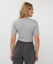 Load image into Gallery viewer, Woman wearing short sleeve grey sparkly top with gray pinstripe pants against a light gray background.