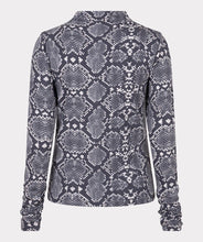Load image into Gallery viewer, Snake print top with mock neck and ruched sleeves against a white background.