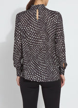 Load image into Gallery viewer, The Topacio Embellished High Neck Blouse, crafted from silky printed lightweight satin, features precise construction, crystal rhinestone adornments, and a back keyhole with a self-covered button. The crystals, applied exclusively to the front panel, are heat-set following the pattern cutting.