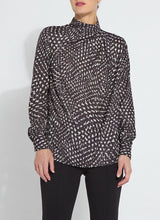 Load image into Gallery viewer, The Topacio Embellished High Neck Blouse, crafted from silky printed lightweight satin, features precise construction, crystal rhinestone adornments, and a back keyhole with a self-covered button. The crystals, applied exclusively to the front panel, are heat-set following the pattern cutting.