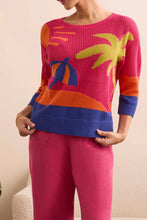 Load image into Gallery viewer, The Tribal Teya Three-Quarter Sleeve Crochet Sweater in Very Berry is the perfect blend of cozy comfort and effortless style. With its delicate crochet detailing and vibrant berry hue and pops of eye-catching color, this sweater is designed to make a statement while keeping you feeling fabulous. Pair it with jeans or shorts for a casual day out or layer it over a dress for a sophisticated touch.