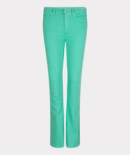 Load image into Gallery viewer, Color, color and more color! A beautiful flair basic denim pant in a striking jade green color is a must-have this season. These pants taper to a wider leg and functional five pockets. Color- Jade green. Tapers to wider leg. Functional five pockets. Silver buttons and hardware. EsQualo Jeans label. Fabric-97% Cotton. 3% Spandex.