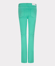 Load image into Gallery viewer, Color, color and more color! A beautiful flair basic denim pant in a striking jade green color is a must-have this season. These pants taper to a wider leg and functional five pockets. Color- Jade green. Tapers to wider leg. Functional five pockets. Silver buttons and hardware. EsQualo Jeans label. Fabric-97% Cotton. 3% Spandex.