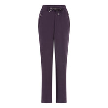 Load image into Gallery viewer, The EsQualo W2405714 Trine Trousers boast a luxurious satin finish and soft, breathable modal fabrication. The dark purple hue adds a touch of elegance, making them versatile for both casual and dressy occasions. With convenient satin pockets, zipper pockets, and a shimmering lurex drawstring, these trousers are both functional and stylish.
