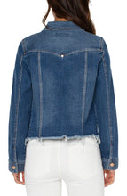 Load image into Gallery viewer, With remarkable stretch and recovery, this distinctive jacket is a versatile addition to any wardrobe. It's fashionable fray hem and brass hardware effortlessly elevate any outfit with its one-of-a-kind design. Color- Mclean. Two front flap pockets. Side welt pockets. 6-button front closure. Fray hem.