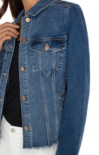 Load image into Gallery viewer, With remarkable stretch and recovery, this distinctive jacket is a versatile addition to any wardrobe. It's fashionable fray hem and brass hardware effortlessly elevate any outfit with its one-of-a-kind design. Color- Mclean. Two front flap pockets. Side welt pockets. 6-button front closure. Fray hem.