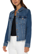 Load image into Gallery viewer, With remarkable stretch and recovery, this distinctive jacket is a versatile addition to any wardrobe. It's fashionable fray hem and brass hardware effortlessly elevate any outfit with its one-of-a-kind design. Color- Mclean. Two front flap pockets. Side welt pockets. 6-button front closure. Fray hem.