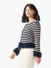 Load image into Gallery viewer, Starting now, "rough along the edges" is officially a compliment. Inspired by the bold textural flourishes of authentic crochet, this gorgeously detailed, richly textured knit is full of dress up or dress down possibilities. Knit-in stripes of rich indigo and cream create contrast that are perfect with denim. Wear it as a top when you close the snap buttons or leave it open and pair it with an underlayer. Mindfully Made from fully fashioned knitwear to reduce fabric waste.