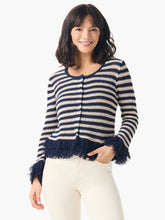Load image into Gallery viewer, Starting now, "rough along the edges" is officially a compliment. Inspired by the bold textural flourishes of authentic crochet, this gorgeously detailed, richly textured knit is full of dress up or dress down possibilities. Knit-in stripes of rich indigo and cream create contrast that are perfect with denim. Wear it as a top when you close the snap buttons or leave it open and pair it with an underlayer. Mindfully Made from fully fashioned knitwear to reduce fabric waste.