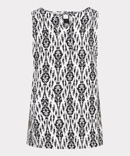 Load image into Gallery viewer, This black and white top features an elegant sleeveless design with a delicate bow at the back and beaded neckline. Perfect for wearing on its own or layering with a jacket or blazer. Experience the timeless chic of an ikat print with this stunning top.