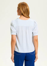 Load image into Gallery viewer, A little boho charm, a little classic elegance—this blouse is the perfect blend of effortless style and refined details. The delicate crochet trim adds a touch of artistry, while the soft blue stripes bring a timeless appeal. Whether you're dressing for a sunny brunch, a casual workday, or a weekend getaway, this top is your go-to for laid-back sophistication.