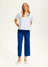 Load image into Gallery viewer, A little boho charm, a little classic elegance—this blouse is the perfect blend of effortless style and refined details. The delicate crochet trim adds a touch of artistry, while the soft blue stripes bring a timeless appeal. Whether you're dressing for a sunny brunch, a casual workday, or a weekend getaway, this top is your go-to for laid-back sophistication.