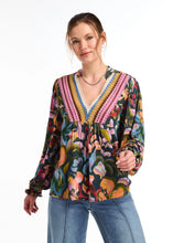 Load image into Gallery viewer, This boho blouse melds feminine charm with vintage-inspired style, creating a distinctively unique garment. The vibrant colors captivate the eye, and the design with mixed media fabrication ensures this top is a standout item.