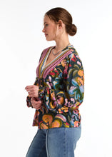 Load image into Gallery viewer, This boho blouse melds feminine charm with vintage-inspired style, creating a distinctively unique garment. The vibrant colors captivate the eye, and the design with mixed media fabrication ensures this top is a standout item.