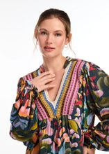 Load image into Gallery viewer, This boho blouse melds feminine charm with vintage-inspired style, creating a distinctively unique garment. The vibrant colors captivate the eye, and the design with mixed media fabrication ensures this top is a standout item.