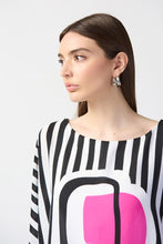 Load image into Gallery viewer, The charm of this breezy poncho top lies in its vibrant abstract print. Crafted from airy georgette, it showcases a boat neckline and generous dolman sleeves. This distinctive top is lined and includes a silky knit camisole beneath for added comfort. Color- Vanilla, pink and black. Georgette poncho with silky knit camisole. Boat neckline. Three-quarter dolman sleeves. Lined.