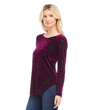 Load image into Gallery viewer, Discover our Burnout Shirttail Top, featuring an exquisite velvet wallpaper pattern in a striking wine color. This piece brings a distinctive, opulent flair to your collection. The burnout material ensures breathability and adds texture, and the shirttail hem creates a flattering shape.