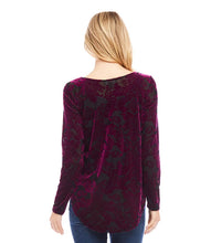 Load image into Gallery viewer, Discover our Burnout Shirttail Top, featuring an exquisite velvet wallpaper pattern in a striking wine color. This piece brings a distinctive, opulent flair to your collection. The burnout material ensures breathability and adds texture, and the shirttail hem creates a flattering shape.