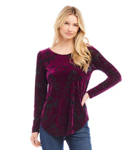 Load image into Gallery viewer, Discover our Burnout Shirttail Top, featuring an exquisite velvet wallpaper pattern in a striking wine color. This piece brings a distinctive, opulent flair to your collection. The burnout material ensures breathability and adds texture, and the shirttail hem creates a flattering shape.