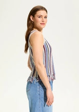 Load image into Gallery viewer, Stay effortlessly chic with this sleeveless cami sweater, featuring timeless vertical stripes and playful fringe accents. Perfect for warm days, it combines a breezy style with a touch of sophistication. Crafted from a soft blend of cotton, acrylic, and nylon, it offers comfort and durability. Pair it with your favorite bottoms for a versatile and stylish look!