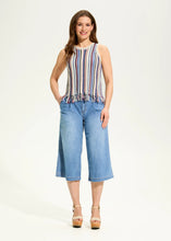 Load image into Gallery viewer, Stay effortlessly chic with this sleeveless cami sweater, featuring timeless vertical stripes and playful fringe accents. Perfect for warm days, it combines a breezy style with a touch of sophistication. Crafted from a soft blend of cotton, acrylic, and nylon, it offers comfort and durability. Pair it with your favorite bottoms for a versatile and stylish look!