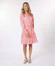 Load image into Gallery viewer, If you love pink, you'll love this darling dress by EsQualo! Not only is the color stunning, but the detailing is high end. A lace edging runs down the front button closure, creating an eye-appealing addition while the subtle tiered bottom and elasticized cuffs add even more interest. The belt in tie allows for cinching at the waist and button-down top portion includes pink buttons. Colors- Pink and cream. Button-down top portion. Built in tie waist. Subtle tiered bottom. Elasticized sleeves.