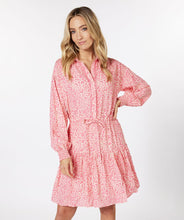 Load image into Gallery viewer, If you love pink, you'll love this darling dress by EsQualo! Not only is the color stunning, but the detailing is high end. A lace edging runs down the front button closure, creating an eye-appealing addition while the subtle tiered bottom and elasticized cuffs add even more interest. The belt in tie allows for cinching at the waist and button-down top portion includes pink buttons. Colors- Pink and cream. Button-down top portion. Built in tie waist. Subtle tiered bottom. Elasticized sleeves.
