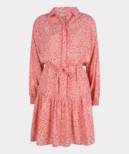 Load image into Gallery viewer, If you love pink, you'll love this darling dress by EsQualo! Not only is the color stunning, but the detailing is high end. A lace edging runs down the front button closure, creating an eye-appealing addition while the subtle tiered bottom and elasticized cuffs add even more interest. The belt in tie allows for cinching at the waist and button-down top portion includes pink buttons. Colors- Pink and cream. Button-down top portion. Built in tie waist. Subtle tiered bottom. Elasticized sleeves.