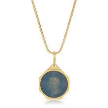 Load image into Gallery viewer, This is a double-sided stunning necklace. One side features a vintage cross accented with dainty pink cubic zirconia, while the other side features stunning enamel over Jesus. Hold Jesus close to your heart with this beautifully unique necklace. Colors- Gold, pink, blue. Double sided. Pink Cubic Zirconia. French blue enamel. 14k gold plate over brass.