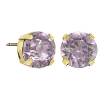 Load image into Gallery viewer, Trentley Violet Stud Earrings are a fashionable choice for adding a bit of sparkle to your look. Crafted from antique gold-plated brass for a timeless finish, these earrings feature 10mm crystals for added shine. Hypoallergenic and made in Canada, these delightful pieces make for an exquisite addition to any wardrobe. Color- Gold and violet. Stud design. Premium crystals. Hypoallergenic. Antique gold plating over brass. Diameter- 10mm.