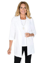 Load image into Gallery viewer, The Waylla White Knit Jacket by Frank Lyman is a versatile and stylish garment suited for the summer season. With a longer length, delicate raised pattern on the fabric, and faux pockets, this jacket also features cuffed sleeves and an open style to enhance its overall appearance. Layer it over a tank or dress for a polished and sophisticated look.