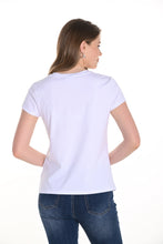 Load image into Gallery viewer, This fun fashion tee is a vibrant and stylish addition to your wardrobe. This knit top features a lively white and multi-color print of a stylish lady standing next to a rack of stylish apparel and shoes/purses. A soft fabrication provides ultimate comfort and style. The design is perfect for brightening up your casual or work attire, and it pairs effortlessly with jeans, trousers, or skirts and is so stylish when worn under a blazer or favorite jacket.