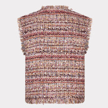 Load image into Gallery viewer, Our Gillian is a stylish and elegant piece designed to elevate your wardrobe. This gilet features luxurious lurex detail, adding a touch of sparkle to the boucle tweed fabric. It also includes frayed detailing on the hems and bronze buttons making it both fashionable and functional.