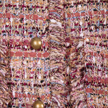 Load image into Gallery viewer, Our Gillian is a stylish and elegant piece designed to elevate your wardrobe. This gilet features luxurious lurex detail, adding a touch of sparkle to the boucle tweed fabric. It also includes frayed detailing on the hems and bronze buttons making it both fashionable and functional.